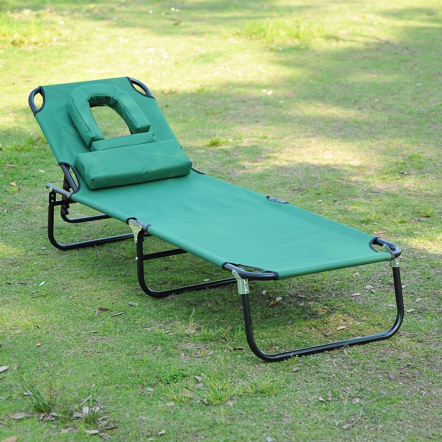 Outsunny Portable Adjustable Garden Beach Sun Lounger Chair Bed w/ Headrest Reading Hole Patio Outdoor Dark Green | Aosom Canada