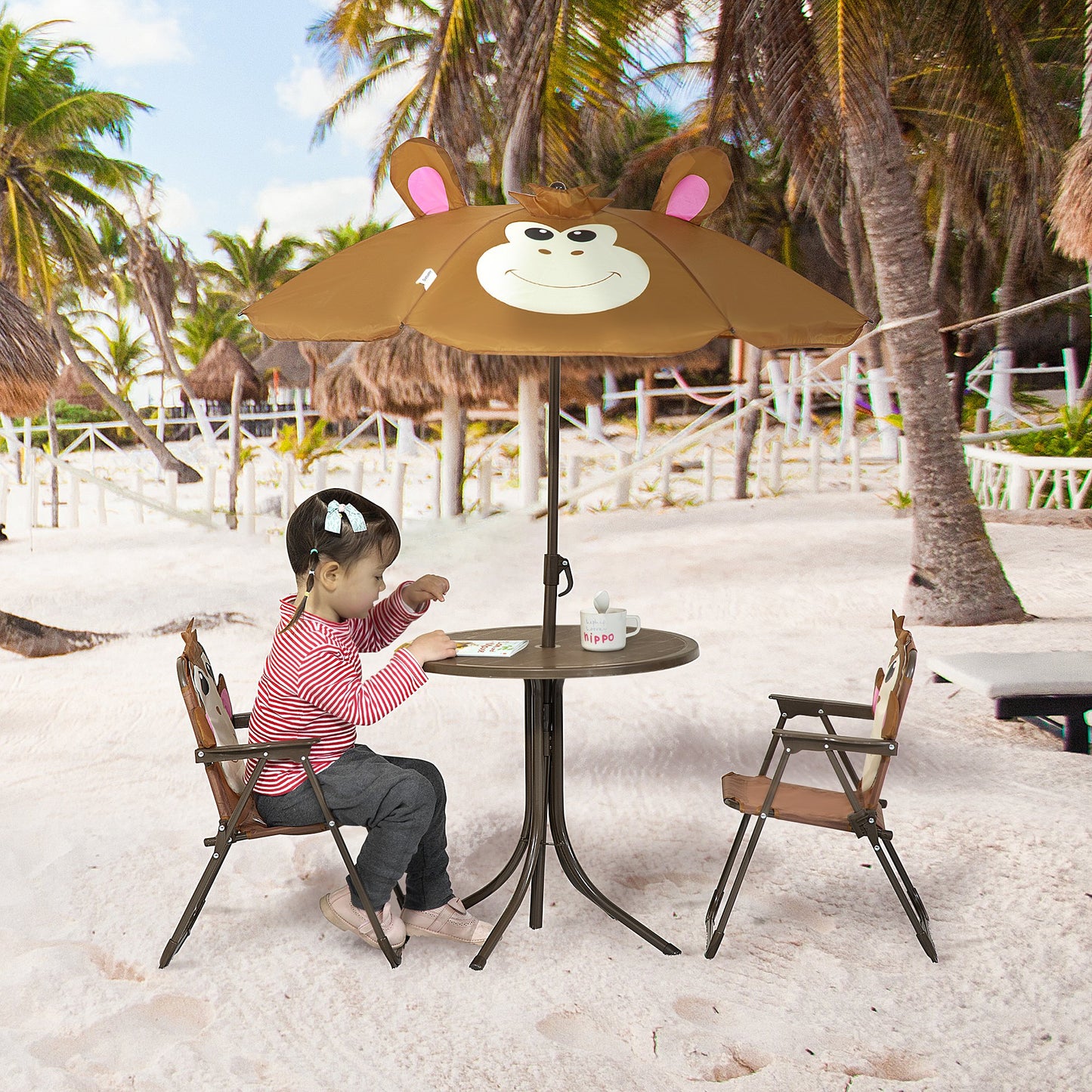 Outsunny Kids Picnic Table and Chair Set, Outdoor Folding Garden Furniture with Monkey Pattern, Removable & Height Adjustable | Aosom Canada