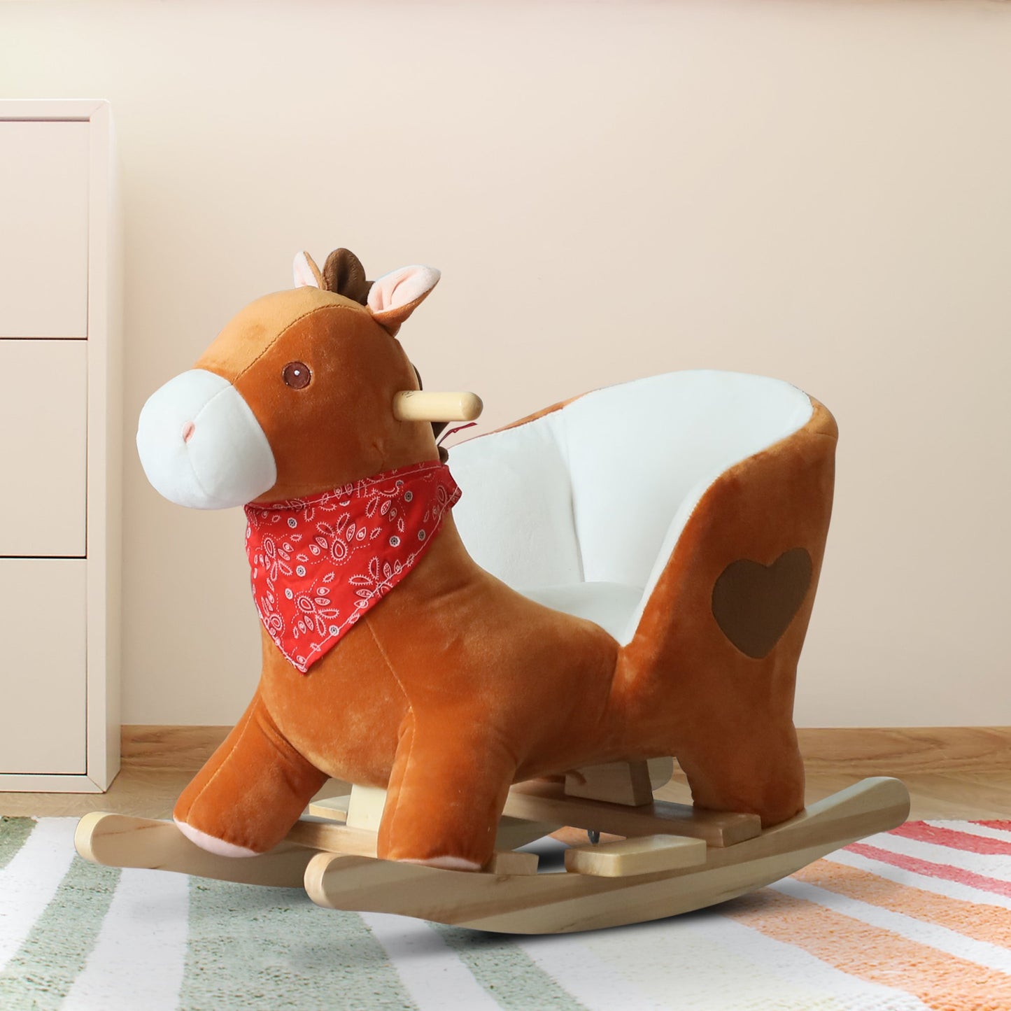 Qaba Kids Plush Rocking Horse Stuffed Animal Rocker Child Ride On Toy w/ Realistic Sound Red Brown | Aosom Canada