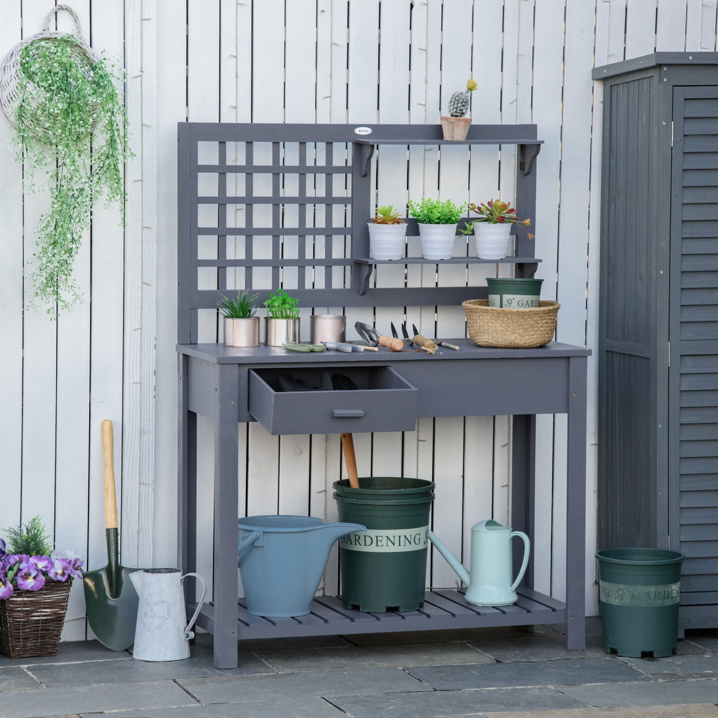 Outsunny Potting Bench Table, Garden Work Bench, Wooden Workstation w/ Tiers of Shelves & Drawer for Patio, Courtyards, Grey | Aosom Canada