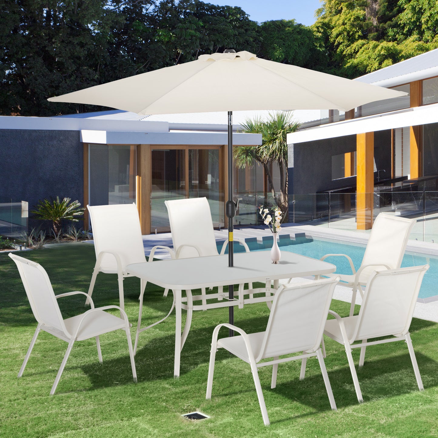 Outsunny 8 Piece Patio Dining Set with Table Umbrella, 6 Chairs and Rectangle Dining Table, Outdoor Patio Furniture Set, Cream White | Aosom Canada
