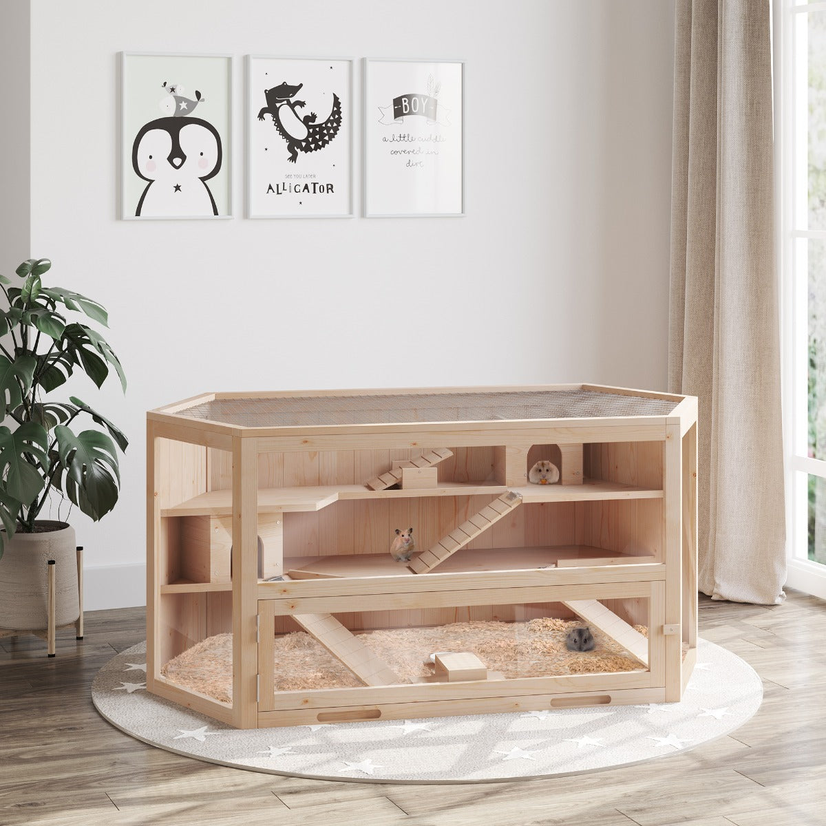 PawHut Fir Wood Large Hamster Cage Mouse Rats Small Animal Exercise Play House 3 Tier with Slide Activity Center | Aosom Canada