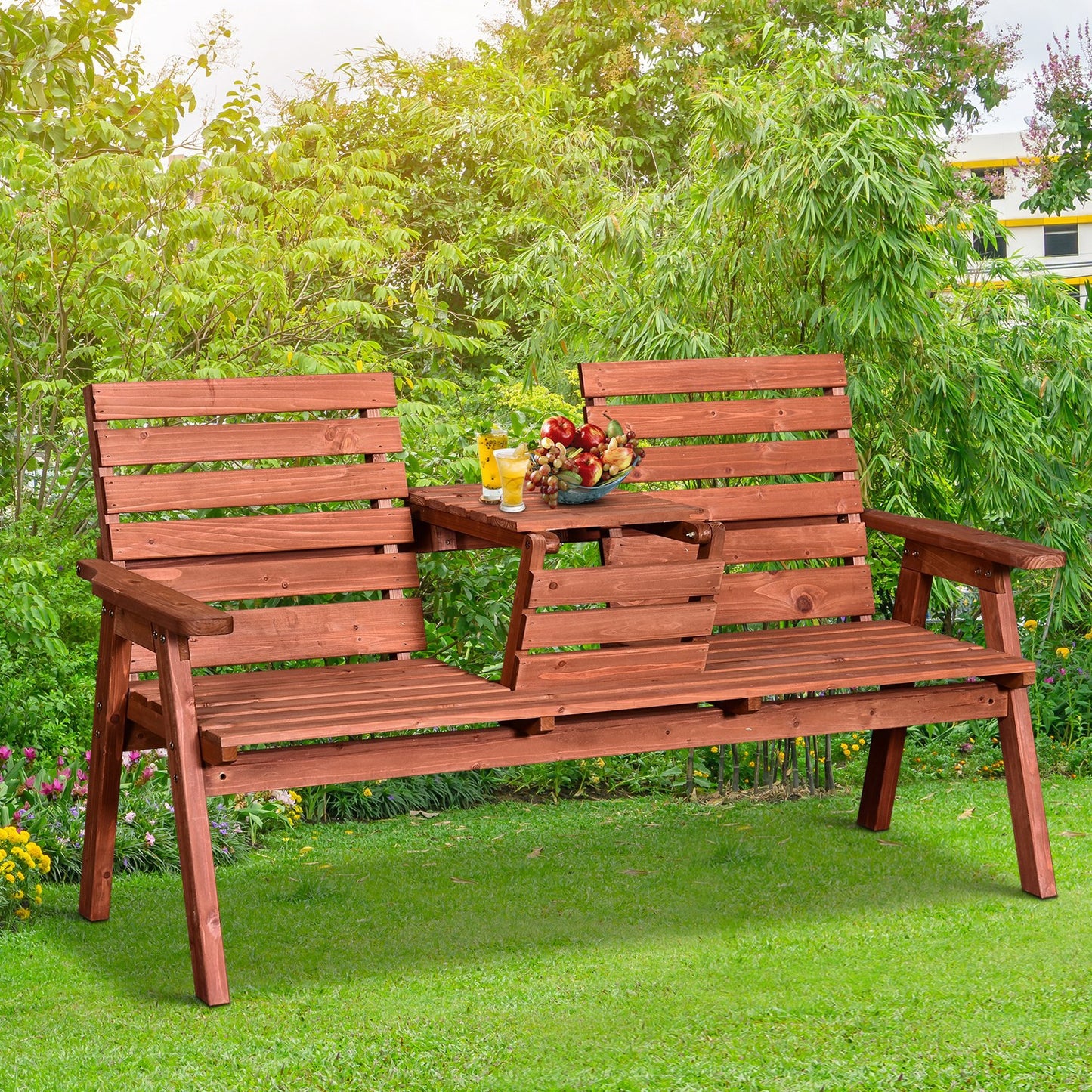 Outsunny 3-Seater Garden Bench Wooden Porch Chair Love Seat W/ Convertible Middle Seat | Aosom Canada