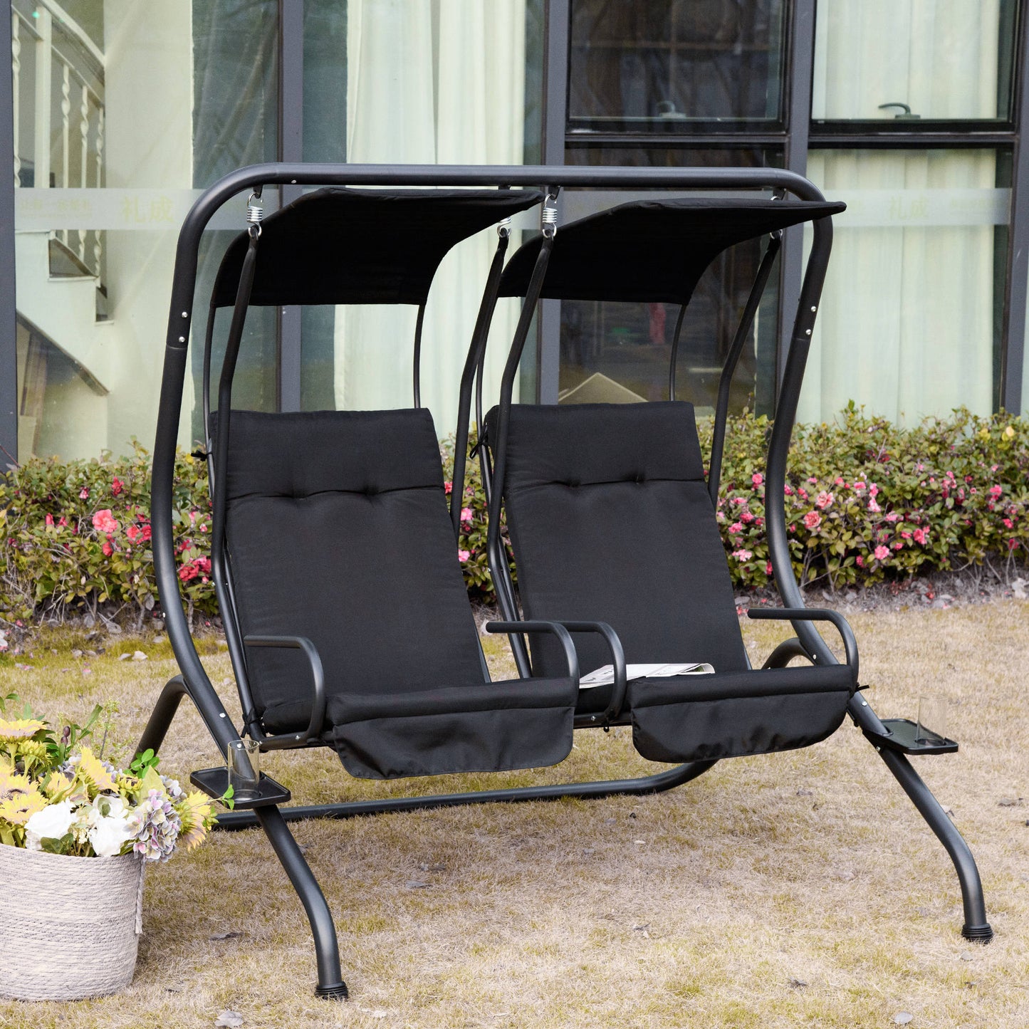 Outsunny 2 Seat Modern Outdoor Swing Chairs With Handrails and Removable Canopy - Black | Aosom Canada