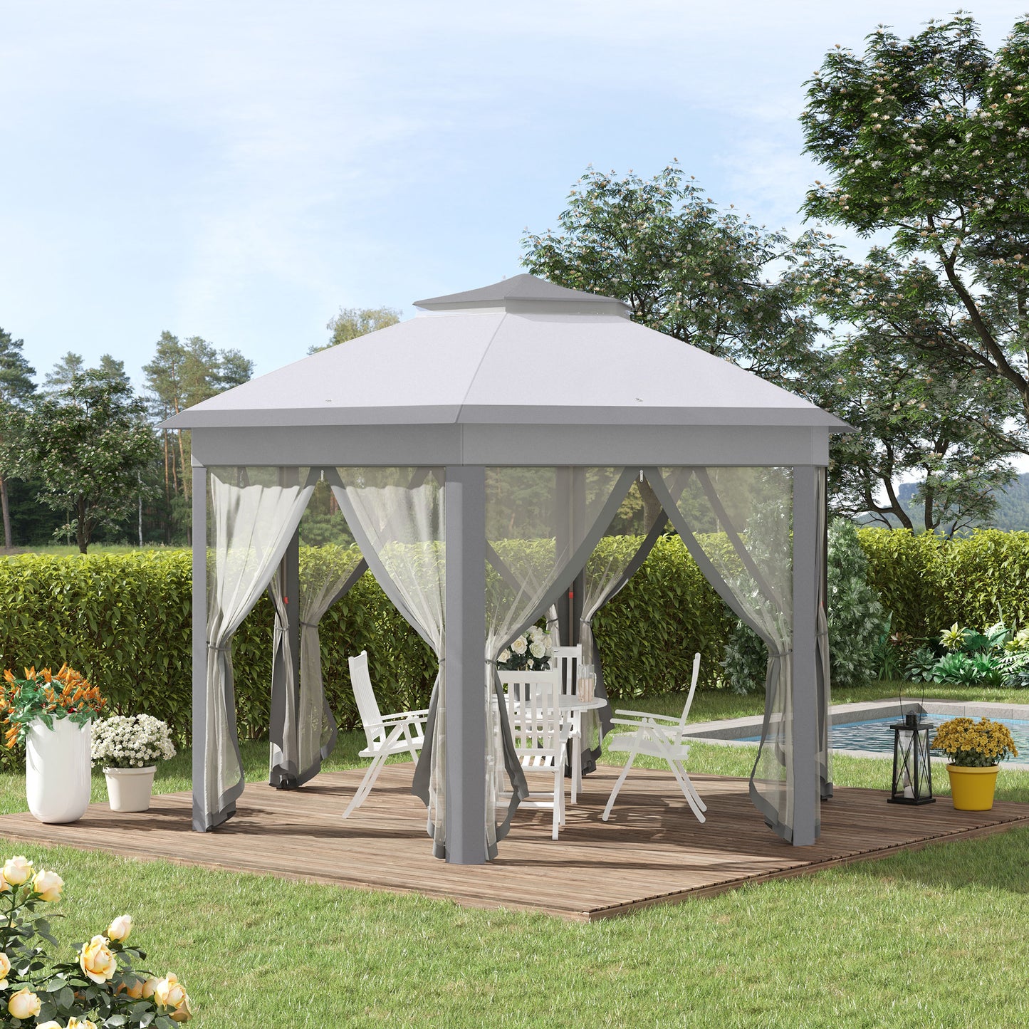 OOutsunny 13' x 13' Pop Up Double Roof Hexagon Patio Gazebo Outdoor Instant Shelter Garden Shelter with Netting, Grey | Aosom Canada