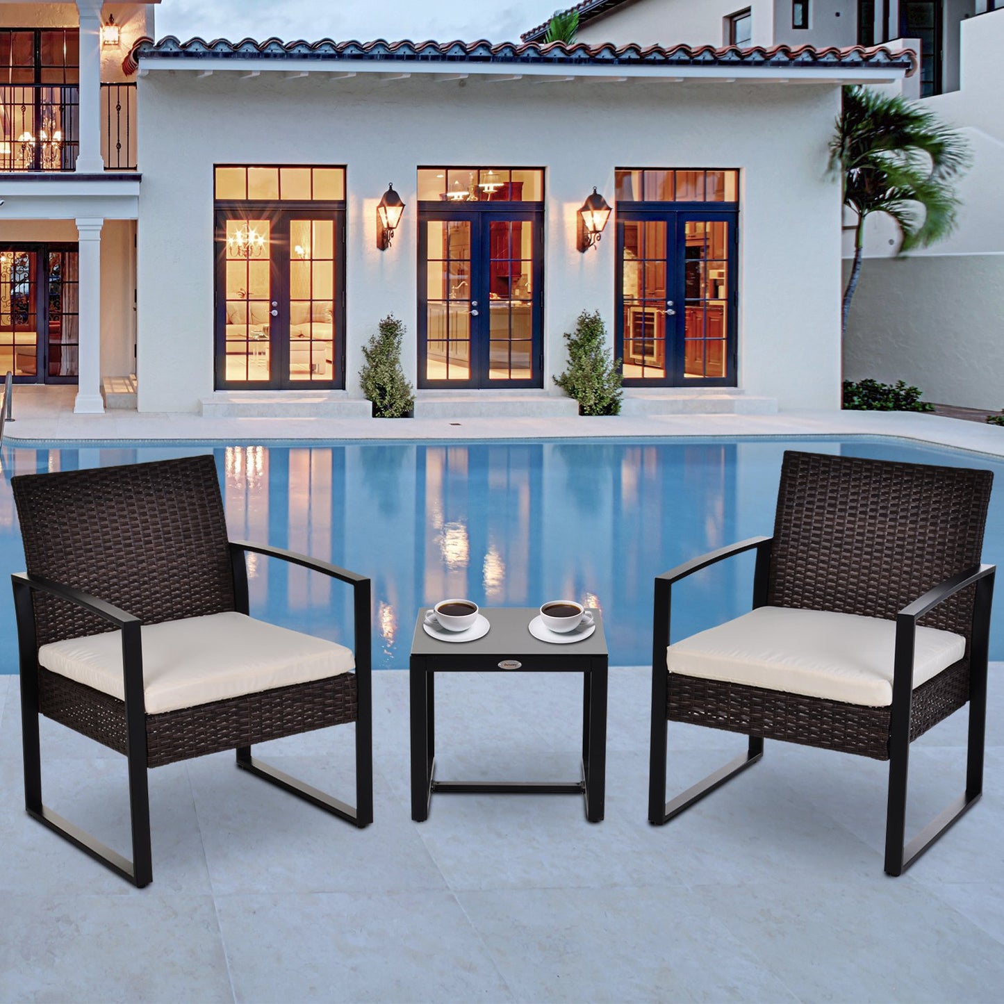 Outsunny 3pc Patio Rattan Wicker Coffee Table Set Outdoor Garden Chair Table Set w/ Cushion Mixed Brown | Aosom Canada