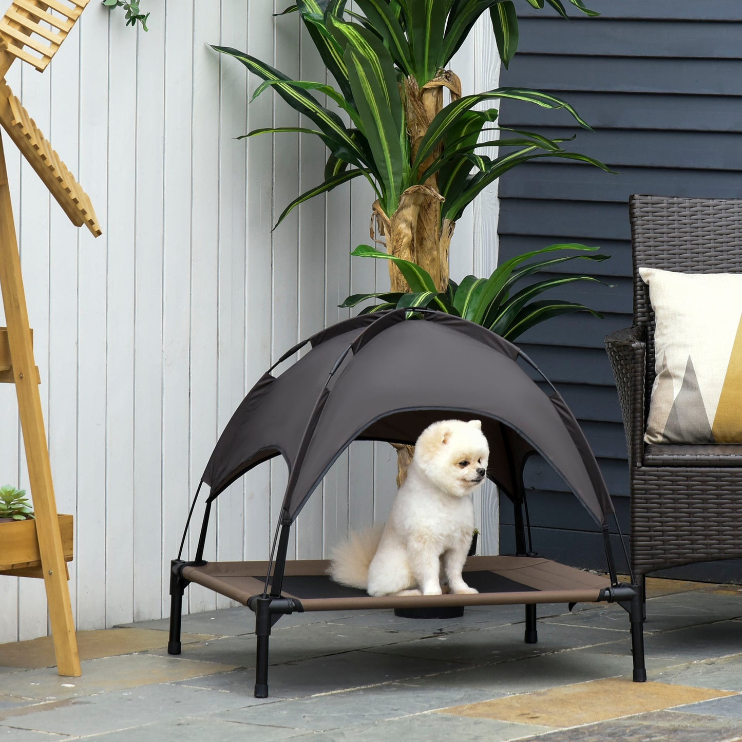 PawHut Elevated Cooling Pet Bed Portable Raised Dog Cot with Canopy for Small Sized Dogs, Indoor & Outdoor, 30"x24"x28.75", Coffee | Aosom Canada