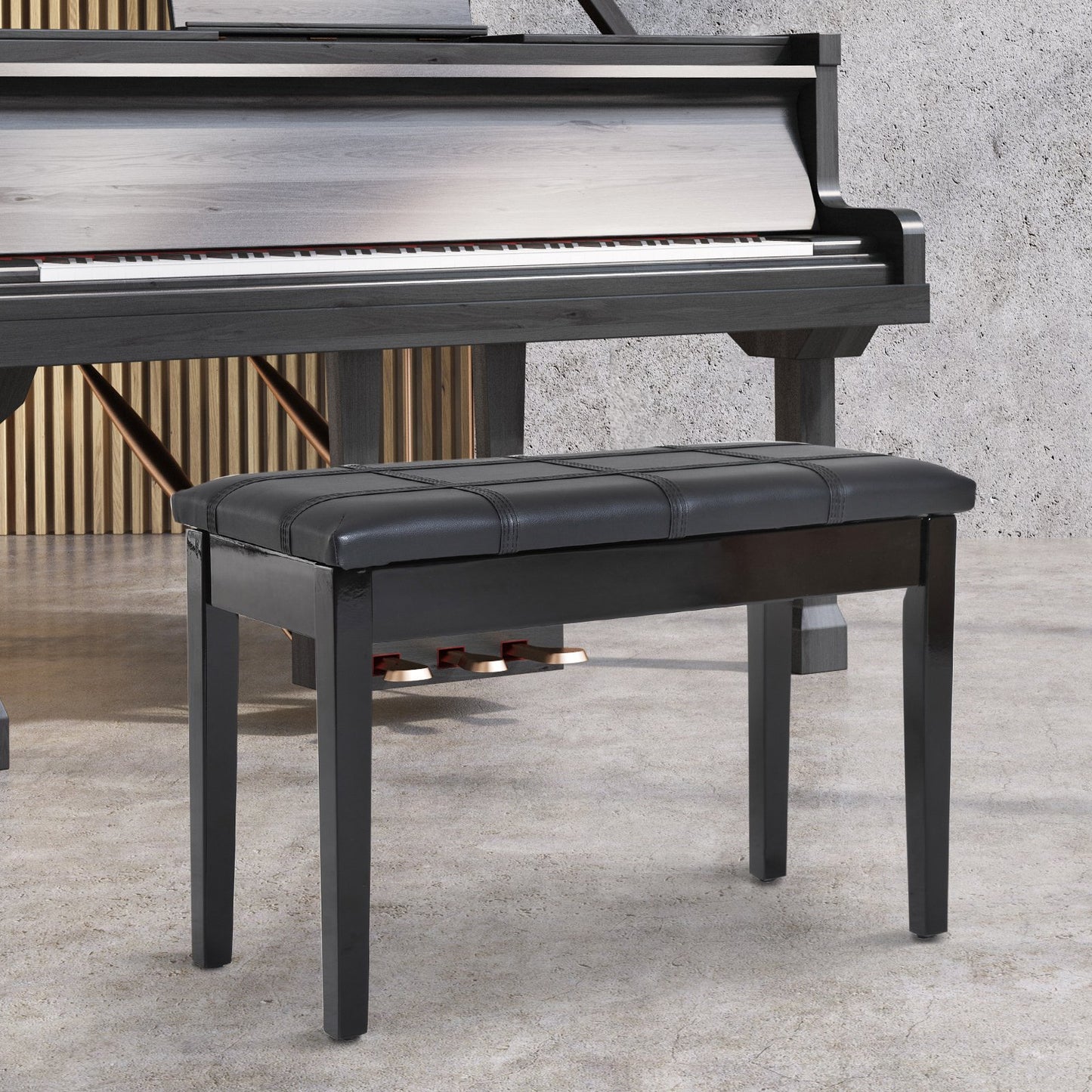 HOMCOM piano bench Duet wooden storage bench Two Person Professional Padded Keyboard Seat Birchwood PU Leather Lift Top Black | Aosom Canada