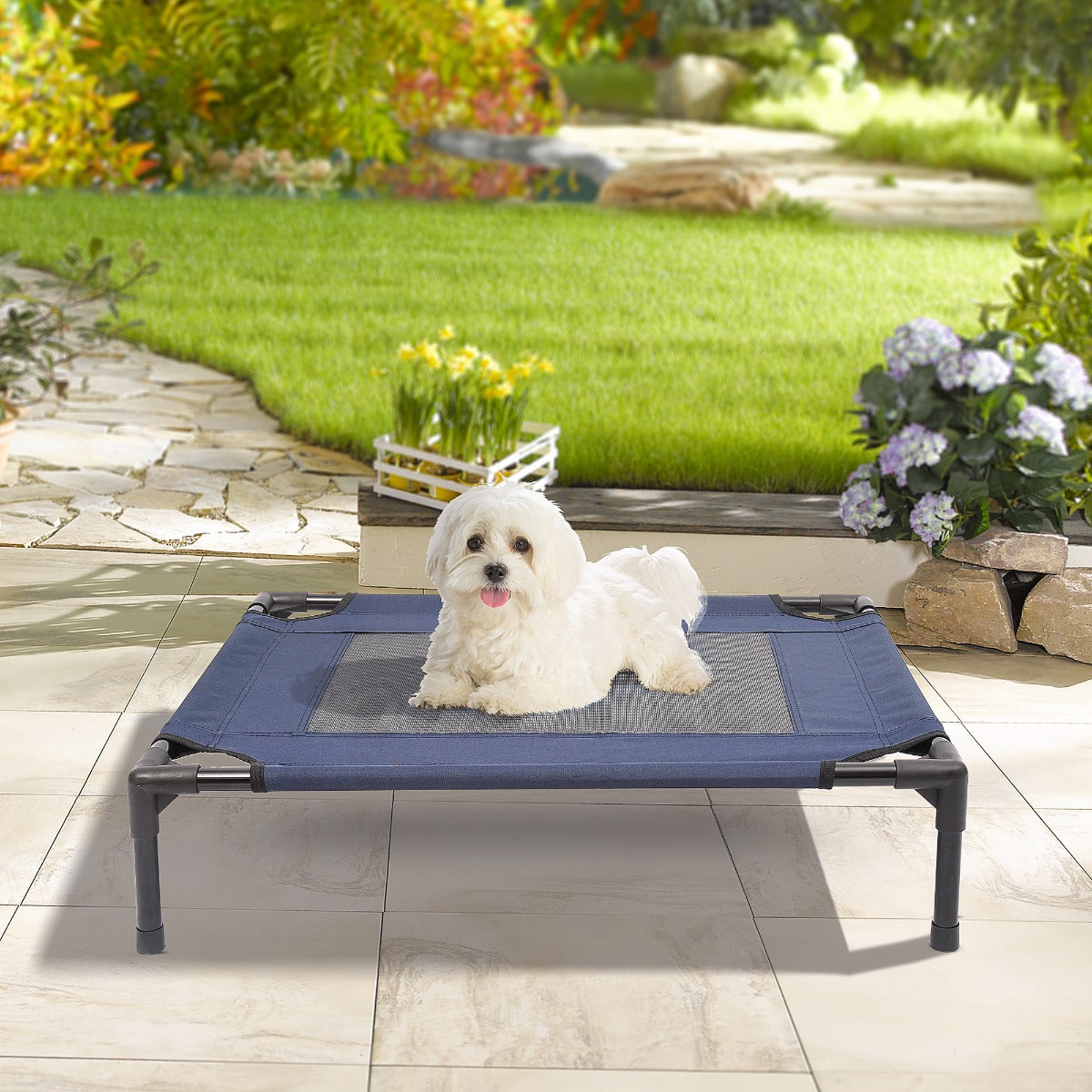 PawHut D1-0237 Elevated Pet Bed Dog Cat Cot Cozy Beds Camping Comfortable Blue and Black | Aosom Canada