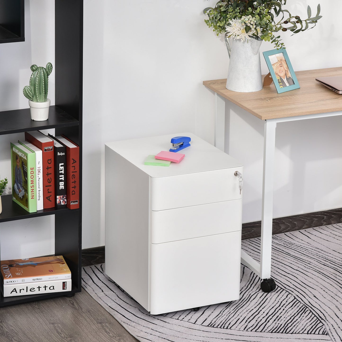 Vinsetto office drawers under desk white filing cabinet w/ Lock and 5 Wheels Mobile for Legal A4 Letter Size Home Office White | Aosom Canada