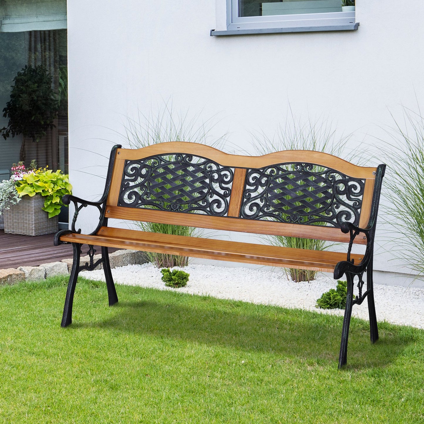 Outsunny 50" Porch Park Chair Garden Bench Cast Iron Hardwood | Aosom Canada