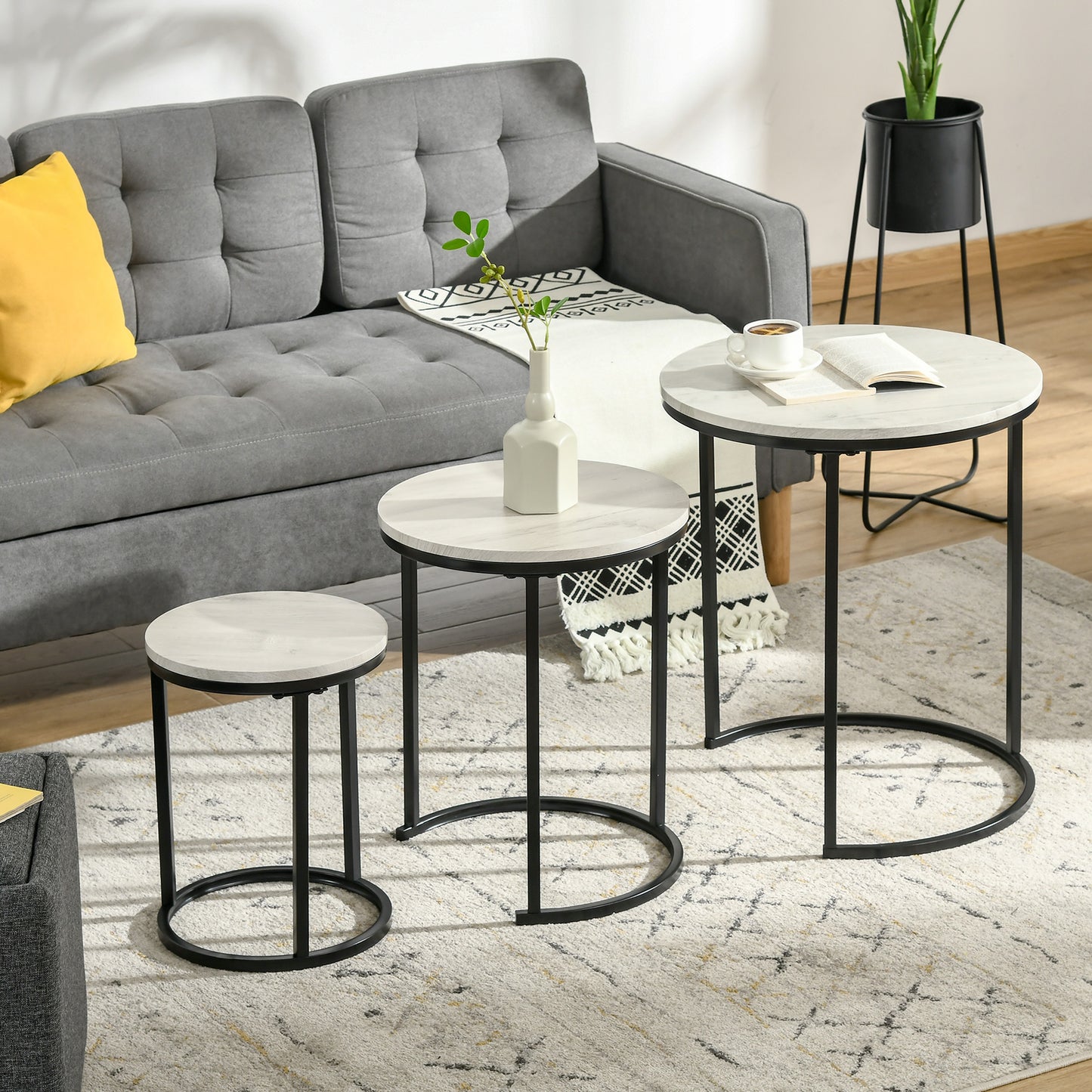 HOMCOM Round Nesting Coffee Tables, Set of 3, Modern Stacking Side Tables with Wood Grain Steel Frame for Living Room, Grey | Aosom Canada