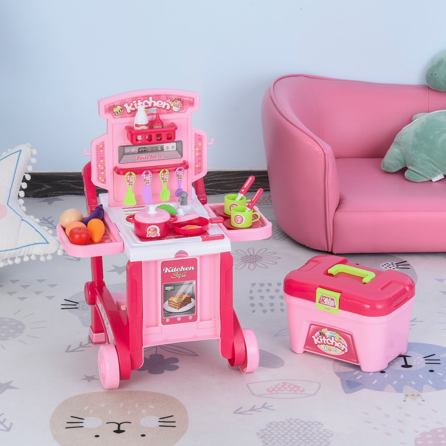 Qaba/HOMCOM Pretend Play Kitchen Playset Chef Role Play 3-in-1 Design Suitcase Cart w/ 42 Pcs Accessories for Kids 3 to 6 Years Pink | Aosom Canada