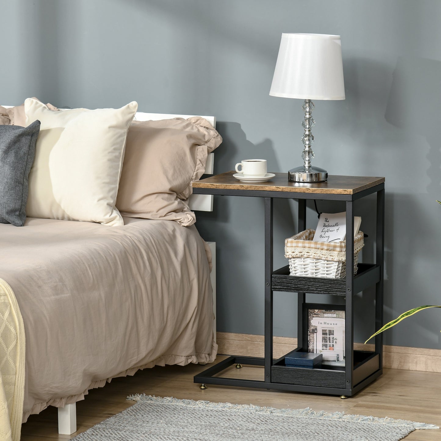 HOMCOM Side Table C Shaped End Coffee Table Storage Shelves, Metal Frame for Living Room, Bedroom, Rustic Brown | Aosom Canada