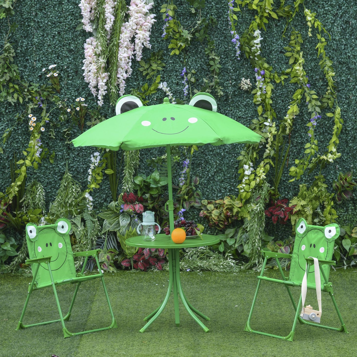 Outsunny Kids Folding Picnic Table and Chair Set Frog Pattern Outdoor Garden Patio Backyard with Removable & Height Sun Umbrella Green | Aosom Canada