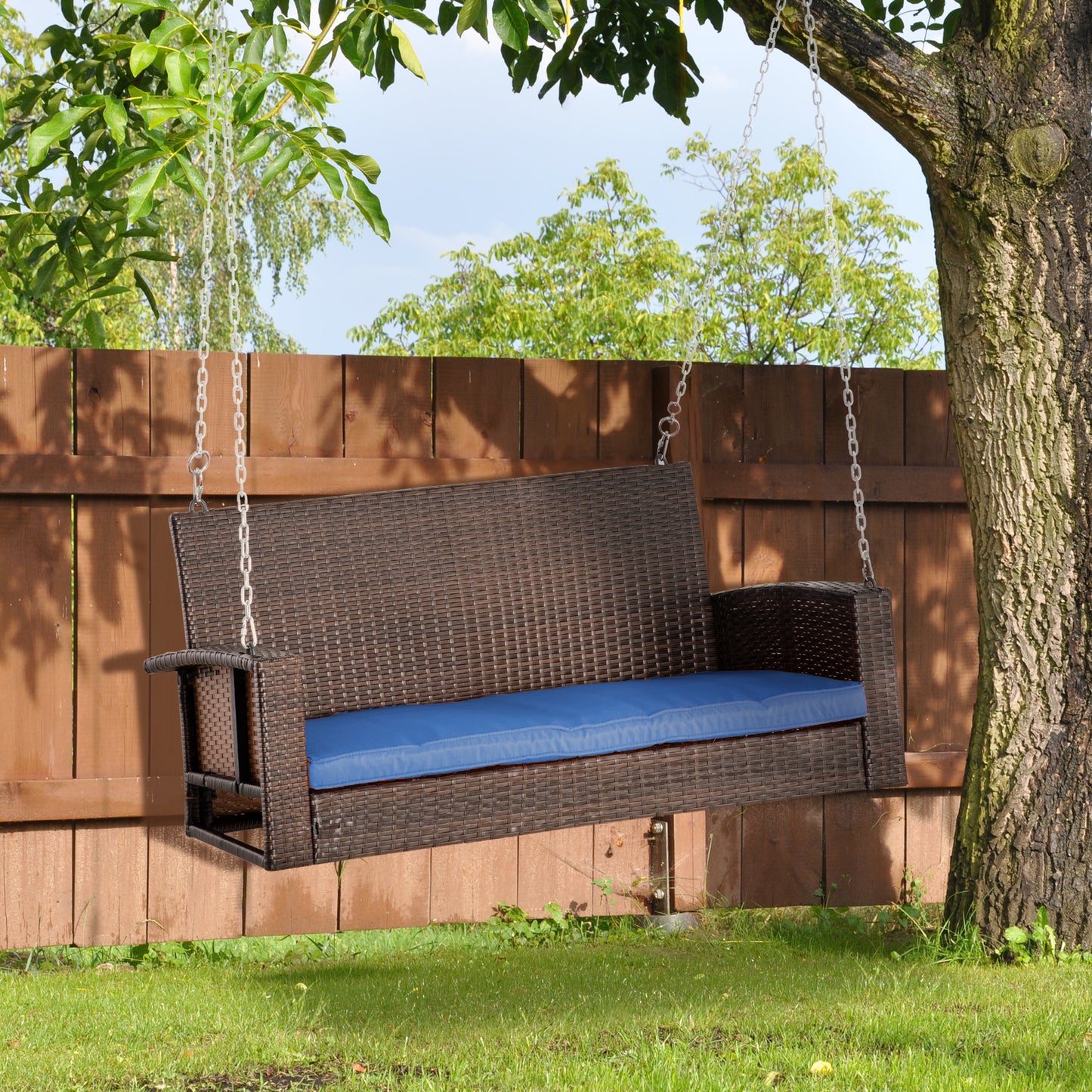 Outsunny 2-person Outdoor Wicker Porch Swing Chair Garden Rattan Hanging Bench with Double Hammock Sun Lounge Seat, Dark Blue | Aosom Canada