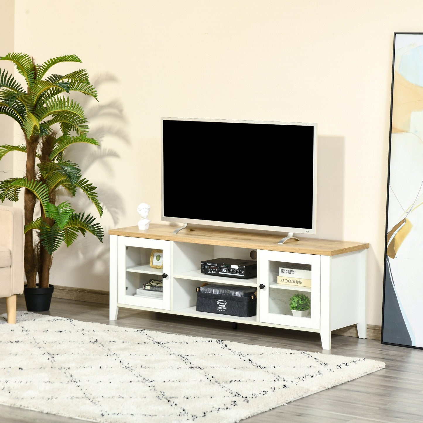 HOMCOM Modern TV Stand for TVs up to 60 inches, Wood TV Console Table with Storage Doors, White and Oak | Aosom Canada
