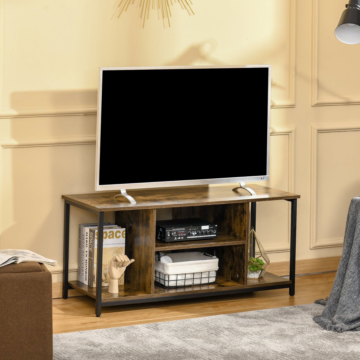 HOMCOM TV Stand for TVs Up to 55 Inches, Entertainment Stand, Media Console with Open Storage Shelves for Living Room, Rustic Brown | Aosom Canada