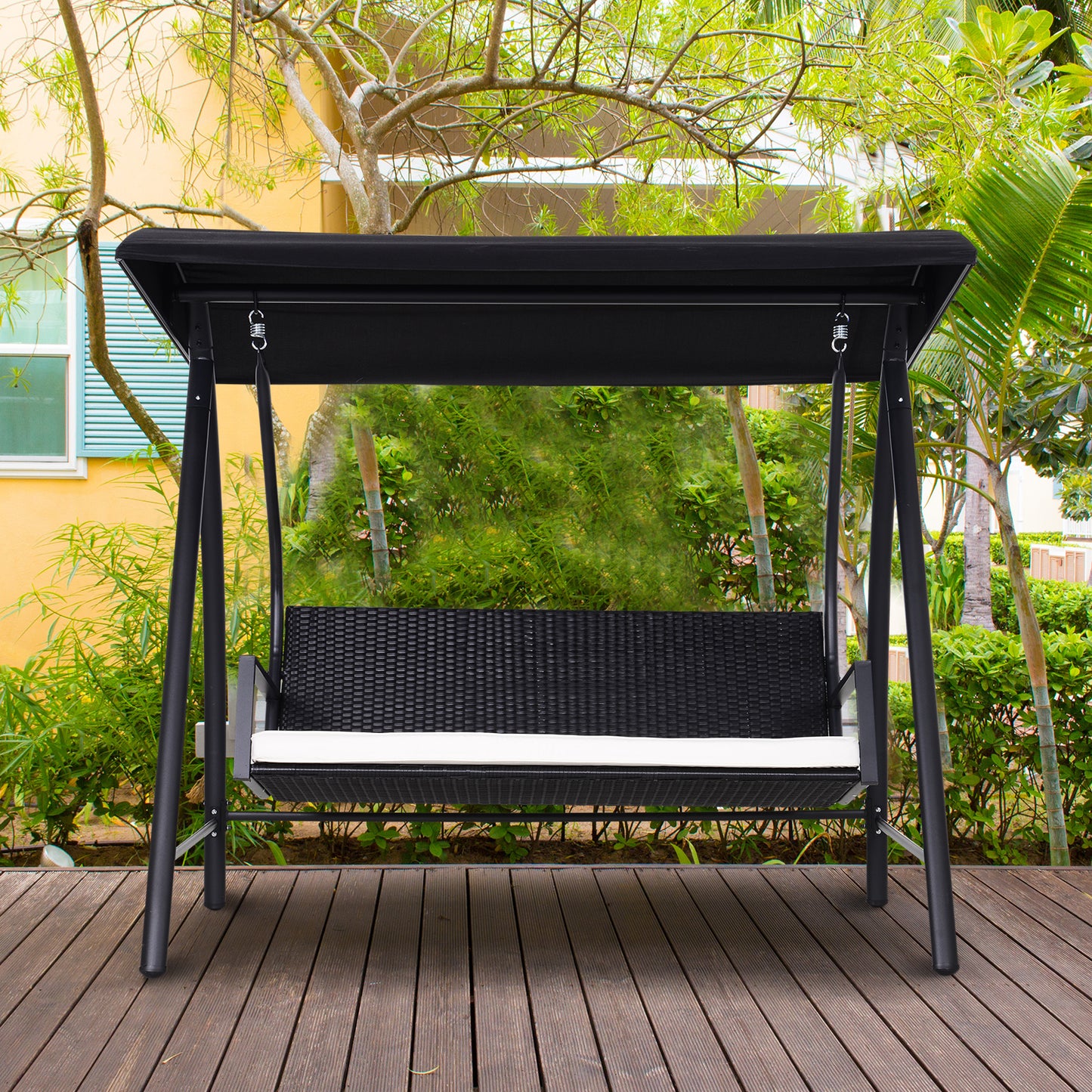 Outsunny 3 Person Wicker Porch Swing Chair Outdoor Rattan Patio Sling Hammock w/ Canopy | Aosom Canada