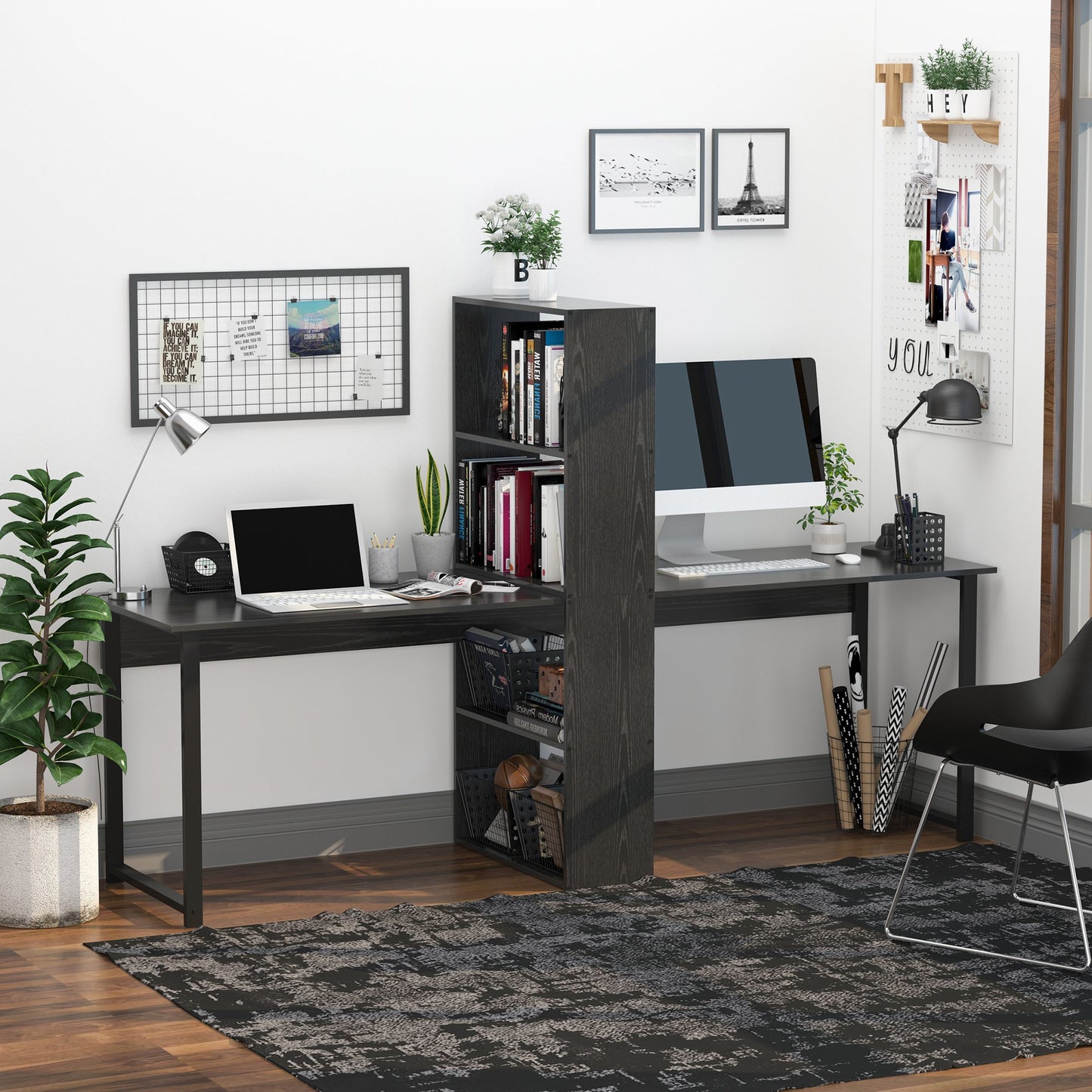 HOMCOM 88” Extra Long 2-Person Computer Desk w/ Bookshelf Combo Double Workstation Storage Unit Home Office Black | Aosom Canada