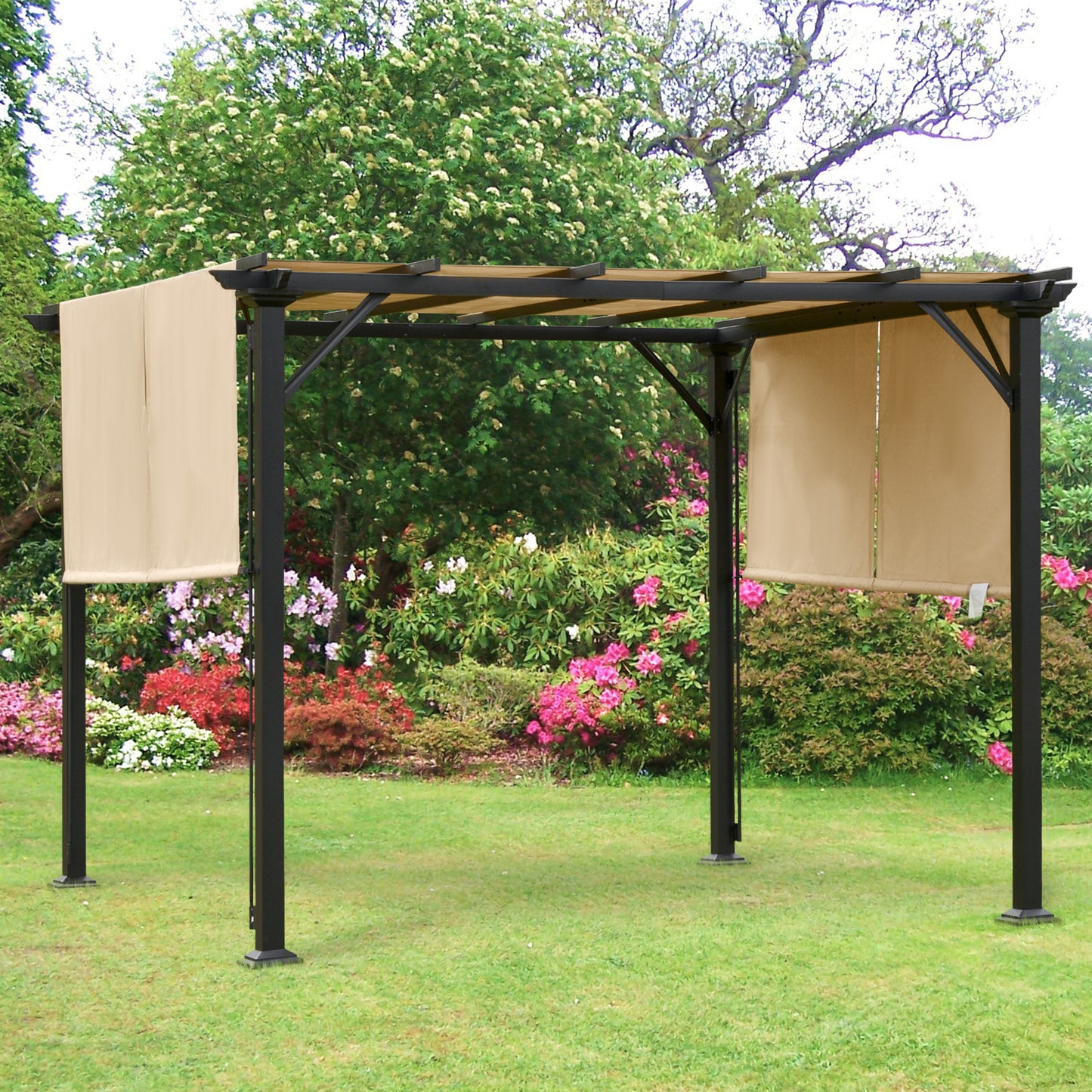 Outsunny 10' x 10' Outdoor Patio Gazebo Pergola with Retractable Canopy Roof, Steel Frame with Stakes, Unique Design, Beige | Aosom Canada