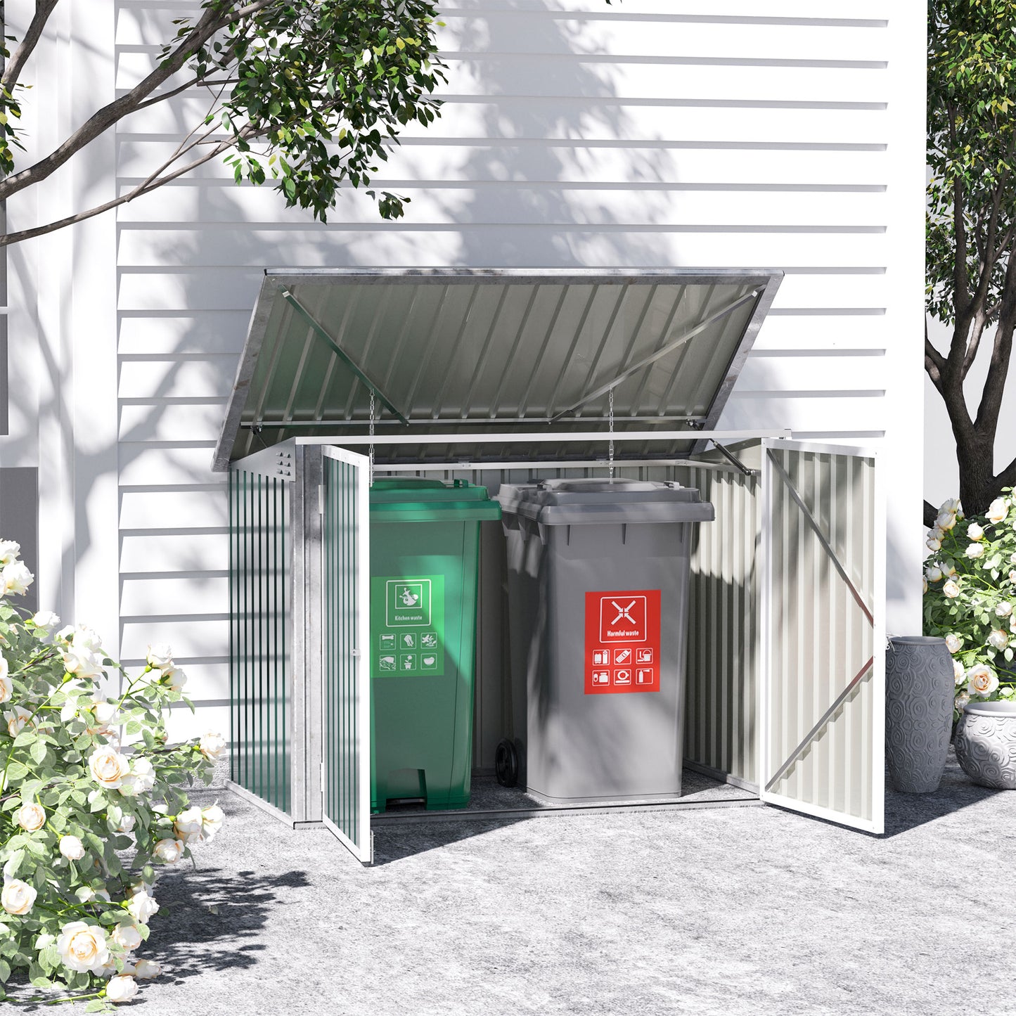 Outsunny Outdoor Steel Wheelie Trash Can Storage Shed Garbage Can Organizer With Double Door & Lid Rubbish Cover for 2 Trash Cans | Aosom Canada