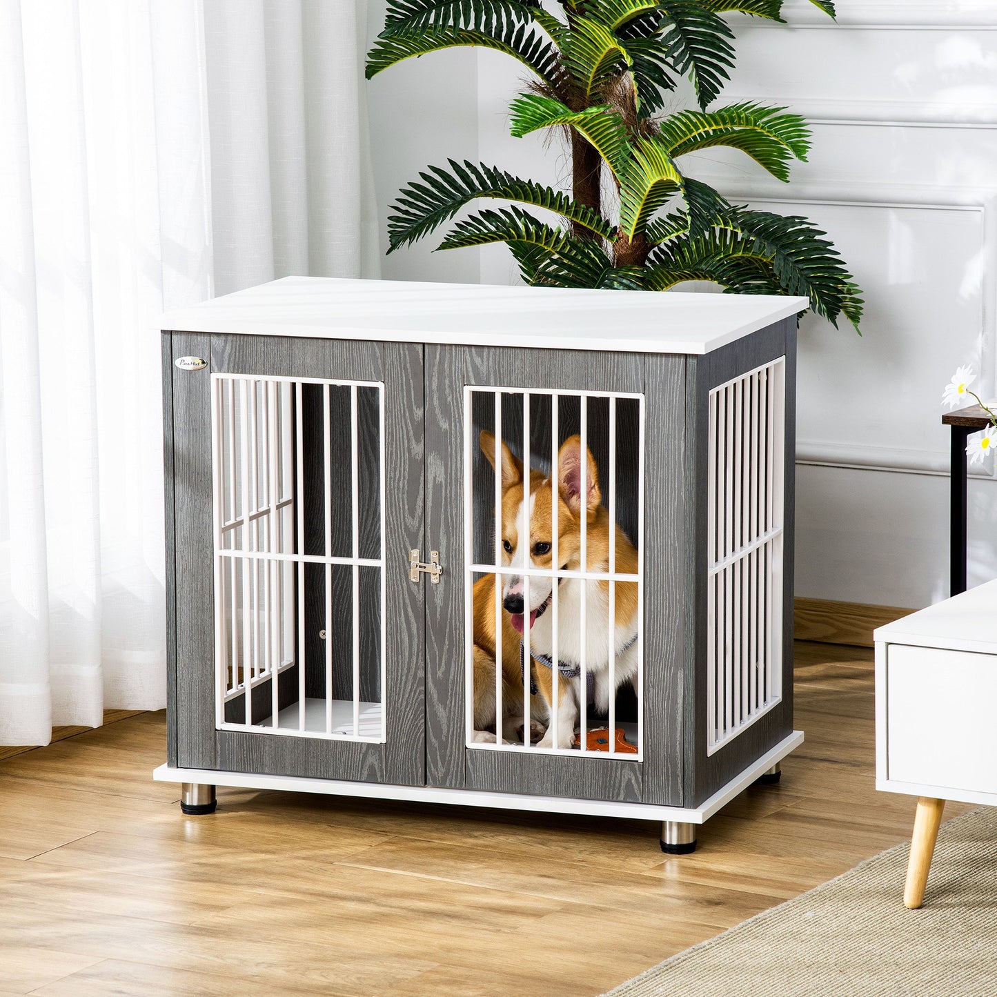 PawHut 34" Wooden Dog Cage, Modern Wire Dog Crate, Pet Kennel with Door, Lock, for Small and Medium Dogs, Grey and White | Aosom Canada