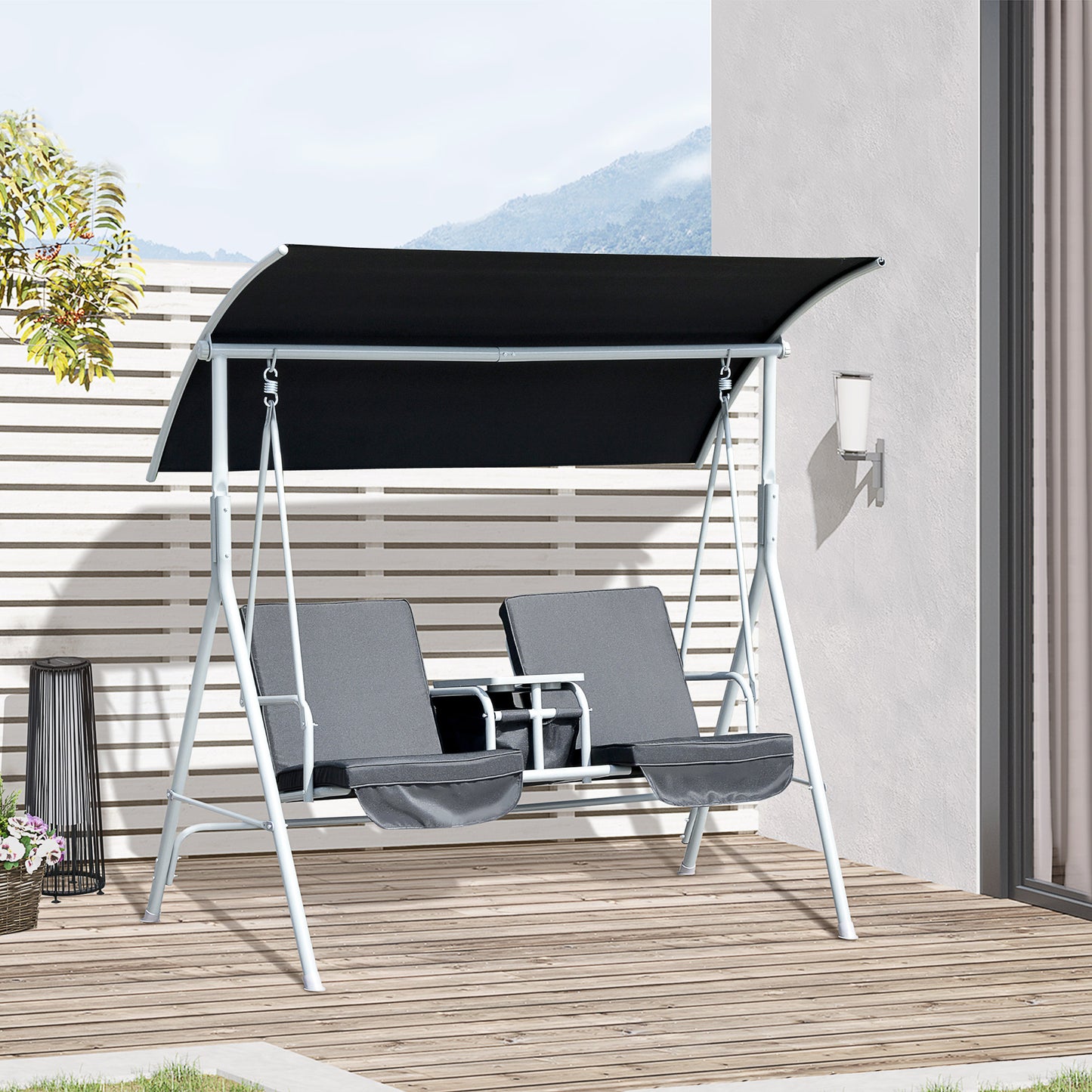 Outsunny Double Swing Chair 2 Person Covered w/ Pivot Table & Storage Console Black | Aosom Canada