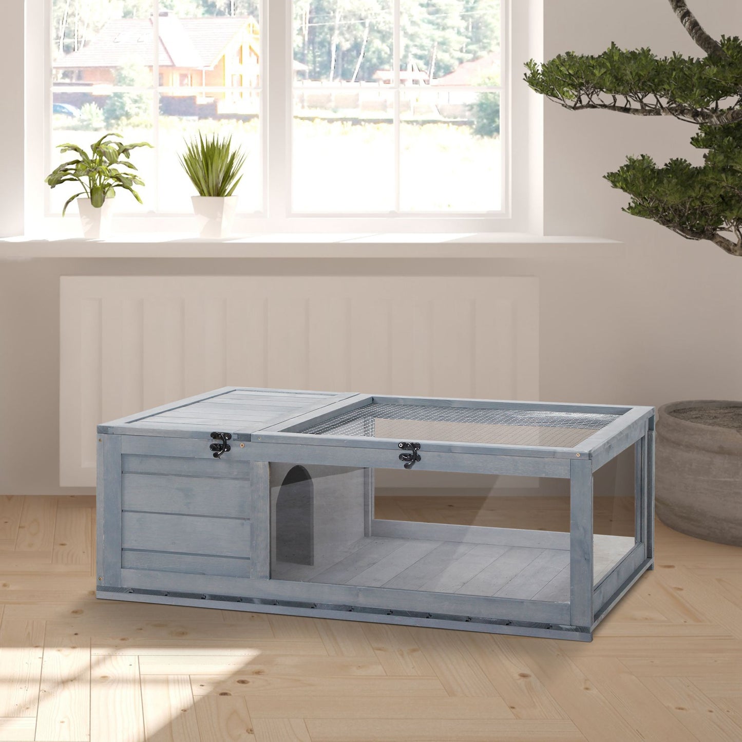Pawhut Wood Tortoise House Indoor Outdoor Turtle Habitat Reptile Cage for Lizards, Geckos 35.75" x 23.75" x 12.5" | Aosom Canada