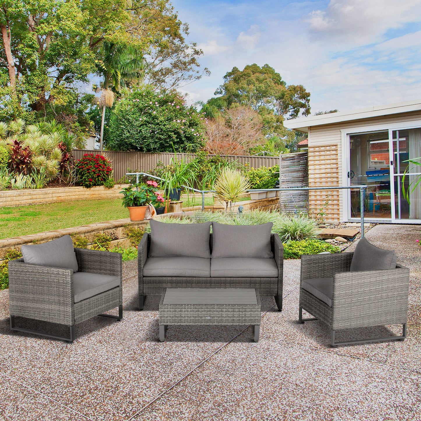 Outsunny 4 PCs PE Rattan Sofa Set Patio Furniture Set Wicker Outdoor Conversation Furniture Lawn Patio Bistro Coffee Table Set, Grey | Aosom Canada