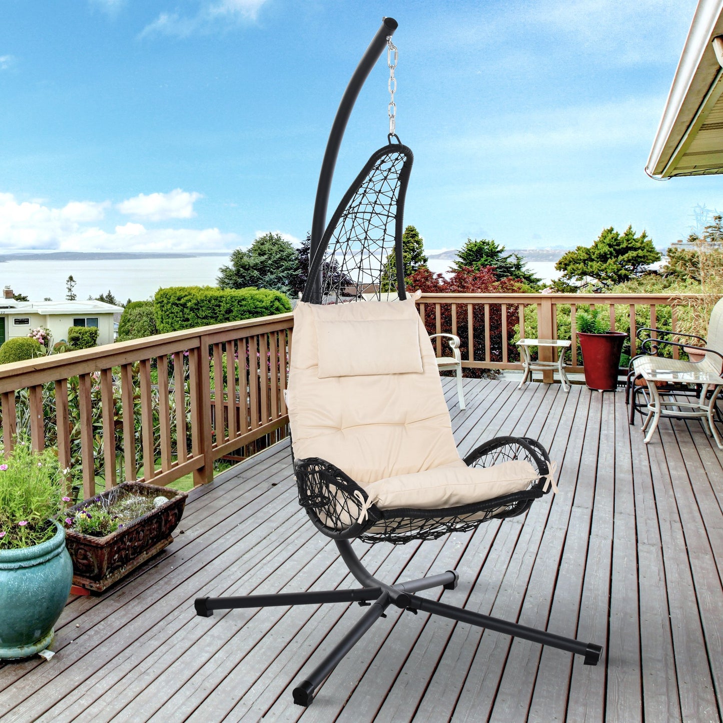 Outsunny Outdoor Patio Rattan Wicker Swing Chaise Chair Hammock Lounger Hanging Curved Chaise Furniture w/ Stand & Cushion Beige | Aosom Canada