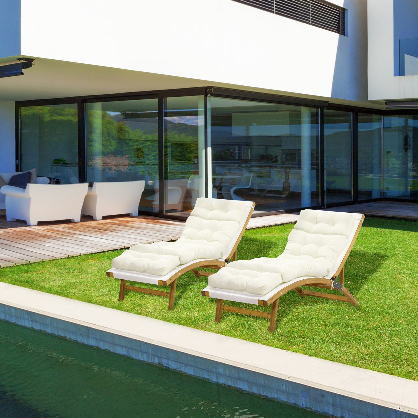 Outsunny Set of 2 Outdoor Chaise Lounge Cushions, 72" x 22" Patio Lounge Chair Cushions with Ties for Outdoor, Indoor, Cream White | Aosom Canada