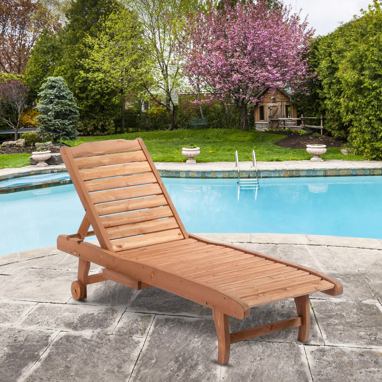 Outsunny Adjustable Wooden Chaise Lounge Outdoor Patio Recliner Garden Furniture with Pullout Tray and 2 Wheels | Aosom Canada