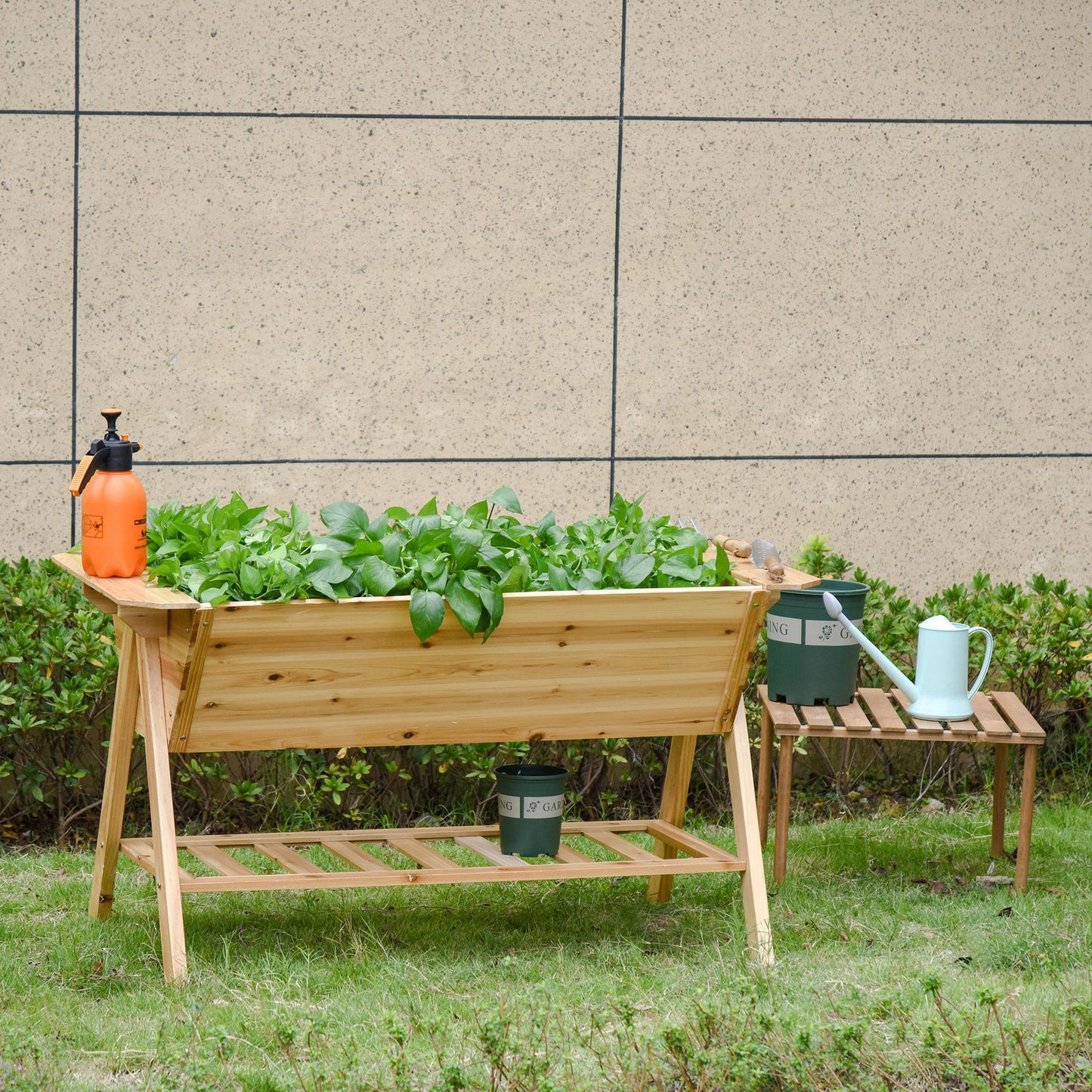 Outsunny Raised Garden Bed Outdoor Free Standing Wooden Planter with Storage Shelf Plates, 58.5" x 31" x 32.25" | Aosom Canada