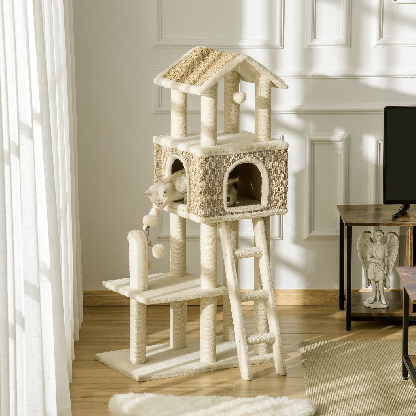 PawHut 52" Huge Cat Tree Cat Climbing Toy Rest Pet Furniture with Sisal Scratching Post Condo Perch Ladder Windmill Toy Beige | Aosom Canada