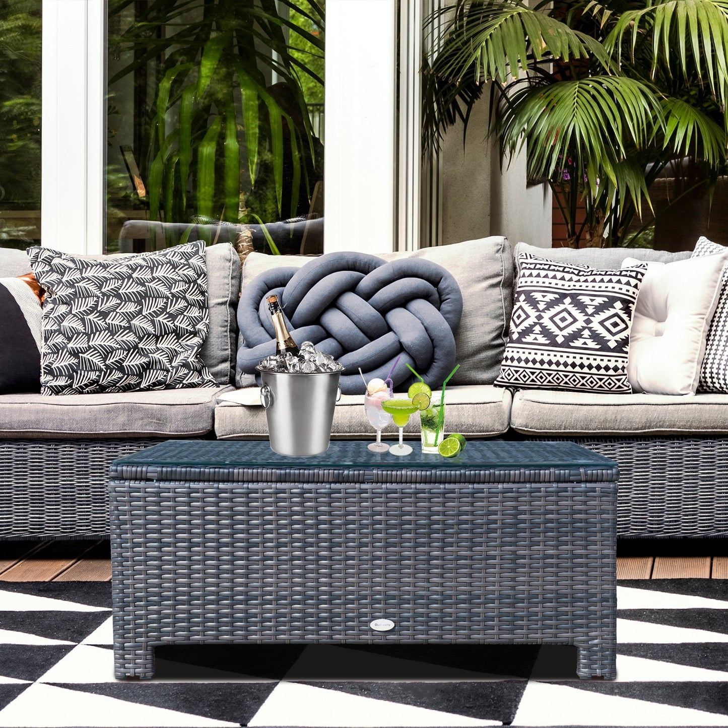 Outsunny Rattan Wicker Coffee Table with Glass Top Outdoor Garden Patio Furniture Brown | Aosom Canada