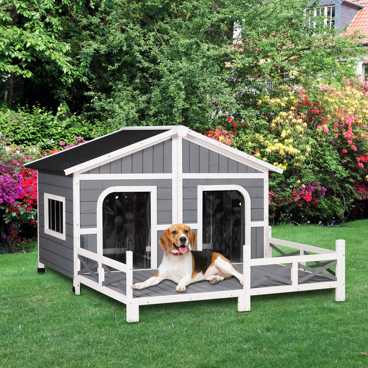 PawHut 59"x64"x39" Wood Large Dog House Cabin Style Elevated Pet Shelter w/Porch Deck Grey | Aosom Canada