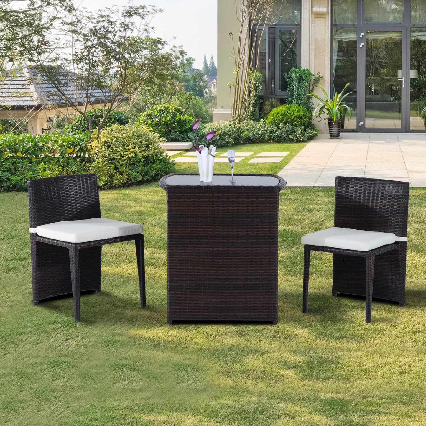 Outsunny 3pcs Outdoor Wicker Rattan Bistro Set Patio Chair and Table Set Garden Lawn Coffee Sofa Furniture w/ Cushion | Aosom Canada