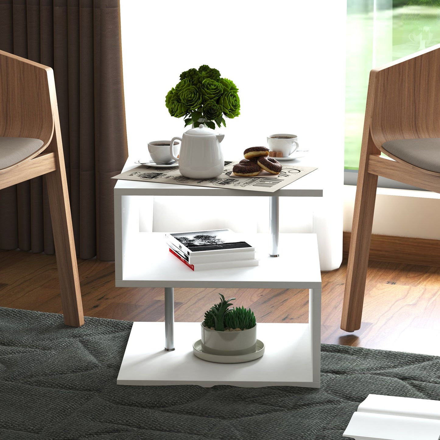 HOMCOM Wooden S Shape End Table 3 Tier Storage Shelves Organizer Living Room Coffee Side Table Desk White | Aosom Canada