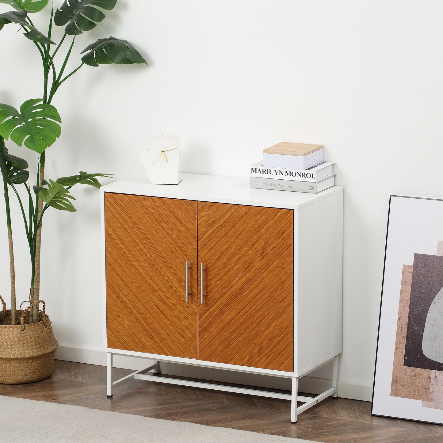 HOMCOM Freestanding Storage Cabinet Kitchen Sideboard with Adjustable Shelf Metal Base, Double Door Floor Cupboard, White, Brown | Aosom Canada