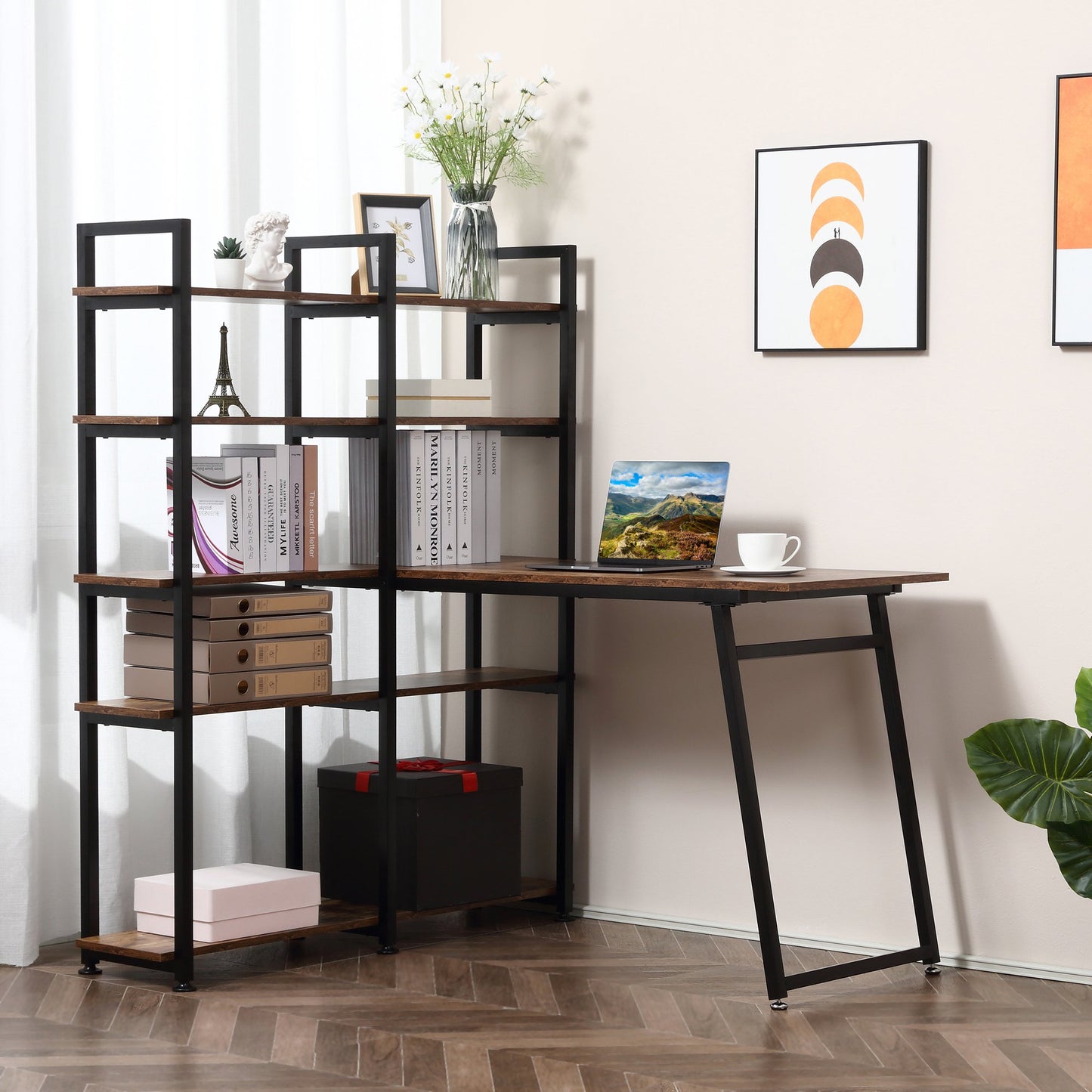 HOMCOM 5 Tier Versatile L-Shaped Computer Desk Writing Table with Display Shelves and Metal Frame, Rustic Brown | Aosom Canada