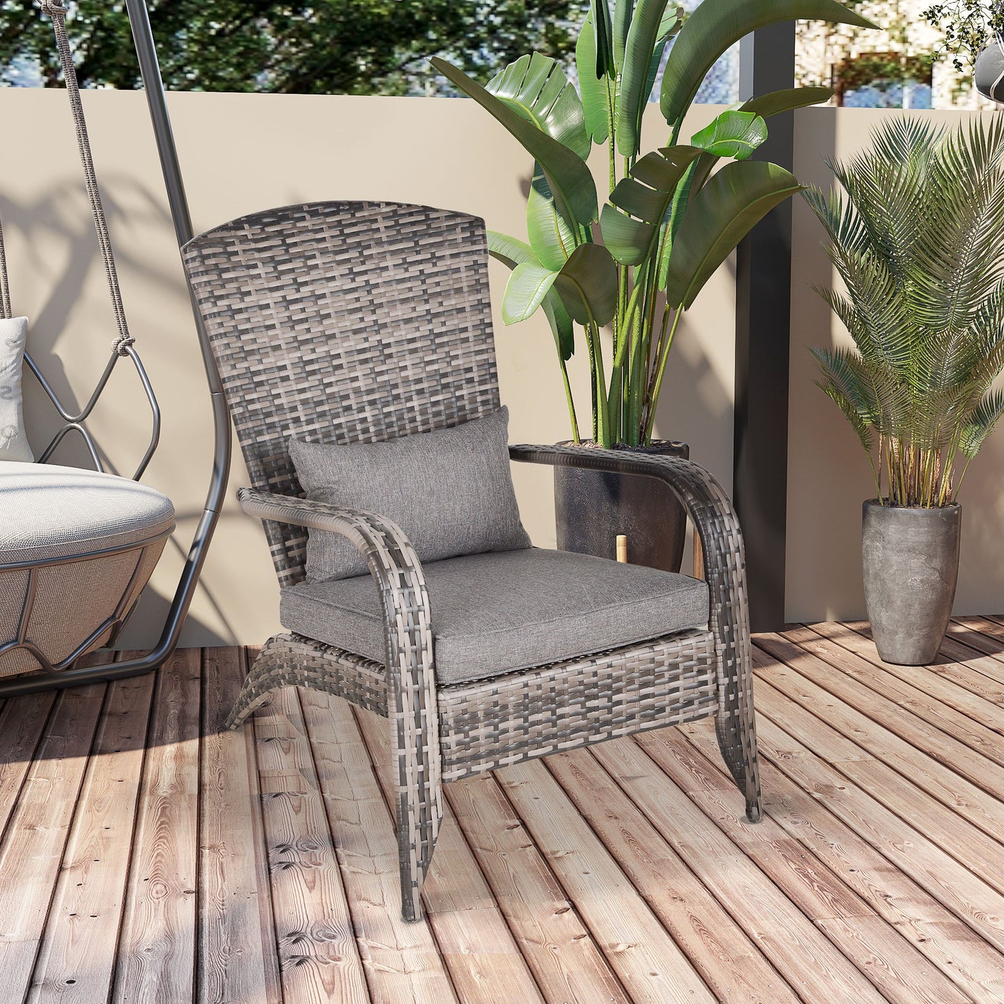 Outsunny Outdoor Classic Rattan Adirondack Deck Chair Armrest Lounge Chair with Cushion Grey | Aosom Canada