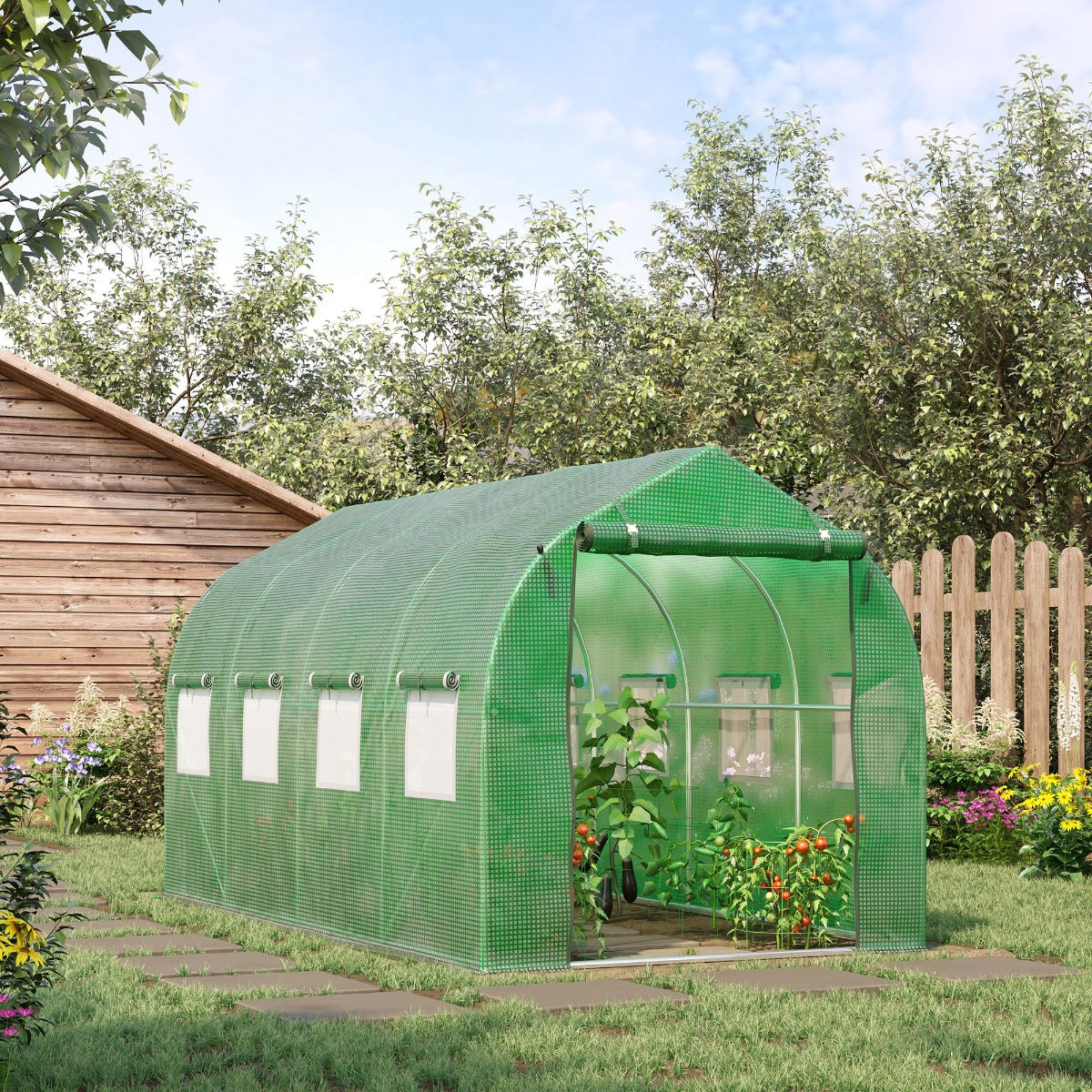 Outsunny 12.5' x 6.3' x 6.4' Large Walk-in Greenhouse Portable Gardening Plant Hot House with 8 Roll-up Windows and Zippered Door Green | Aosom Canada