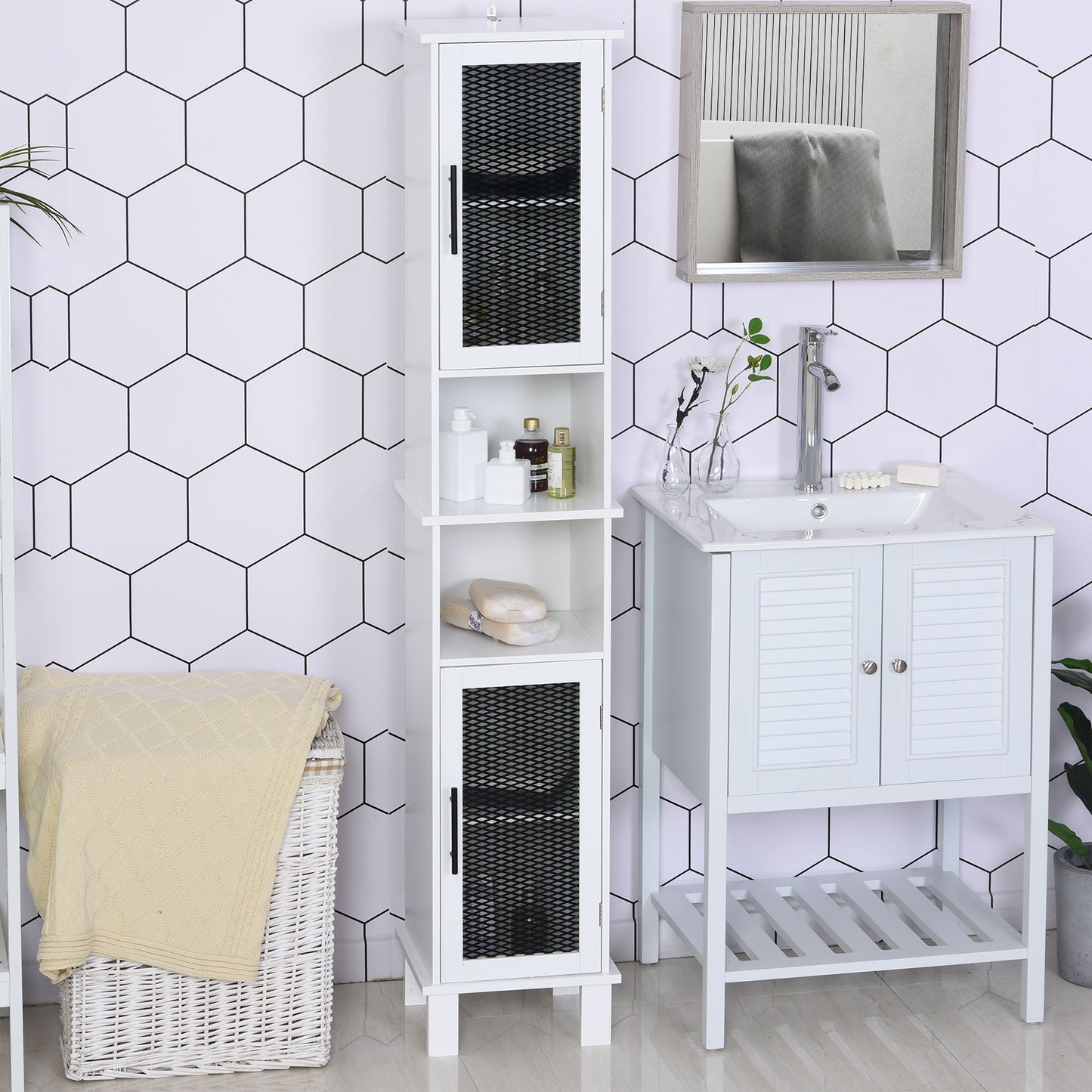 HOMCOM Vertical Slim Bathroom Cabinet Organizer Tall Storage Tower w/ Doors 6 Shelves Freestanding Furniture | Aosom Canada
