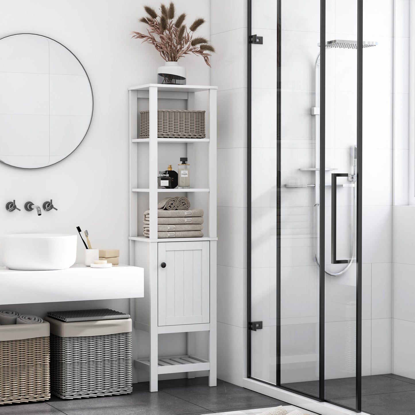 HOMCOM Freestanding Wood Bathroom Storage Tall Cabinet Organizer Tower with Shelves & Compact Design, White | Aosom Canada