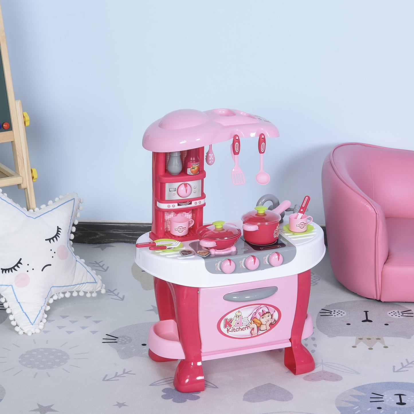Qaba Kids Kitchen Play Set Pretend Toy Children Role Play Game Toy w/ Light & Sound Function 38Pcs Toy Accessories - Pink | Aosom Canada