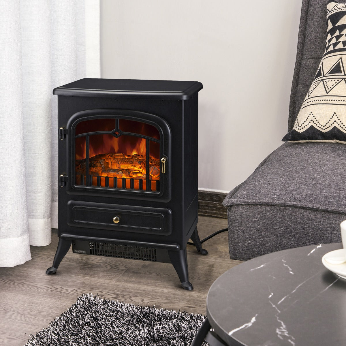 HOMCOM 16" Free Standing Electric Fireplace Portable Adjustable Stove with Heater Wood Burning Flame 750/1500W Black | Aosom Canada