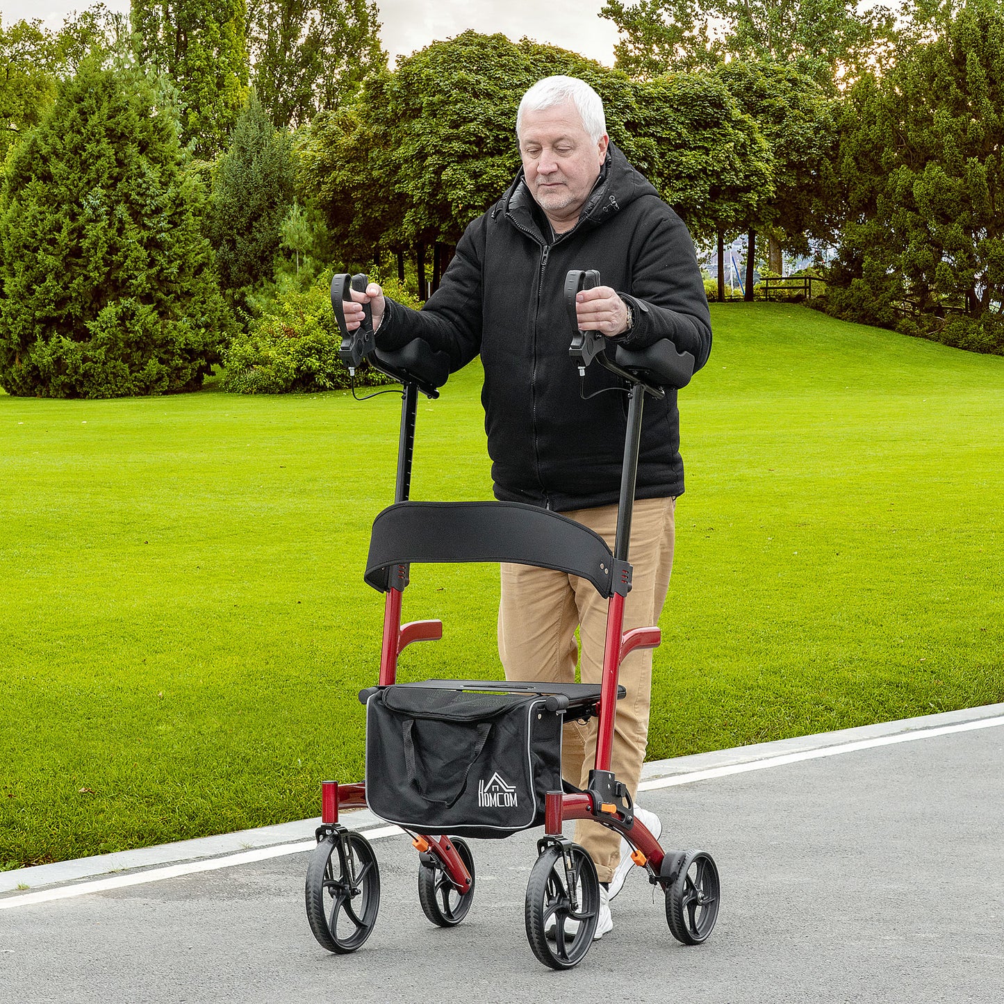 HOMCOM Aluminum Forearm Rollator Walker for Seniors and Adults with 10'' Wheels, Seat and Backrest, Folding Upright Walker, Red | Aosom Canada