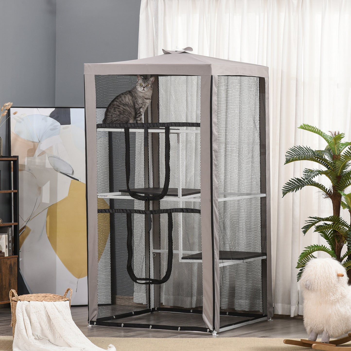 PawHut Large Outdoor Cat Enclosure Kitten House Indoor Cage Pet Kennel Playpen with 3 Platforms Door 4 Sandbags 39" x 39" x 79" | Aosom Canada