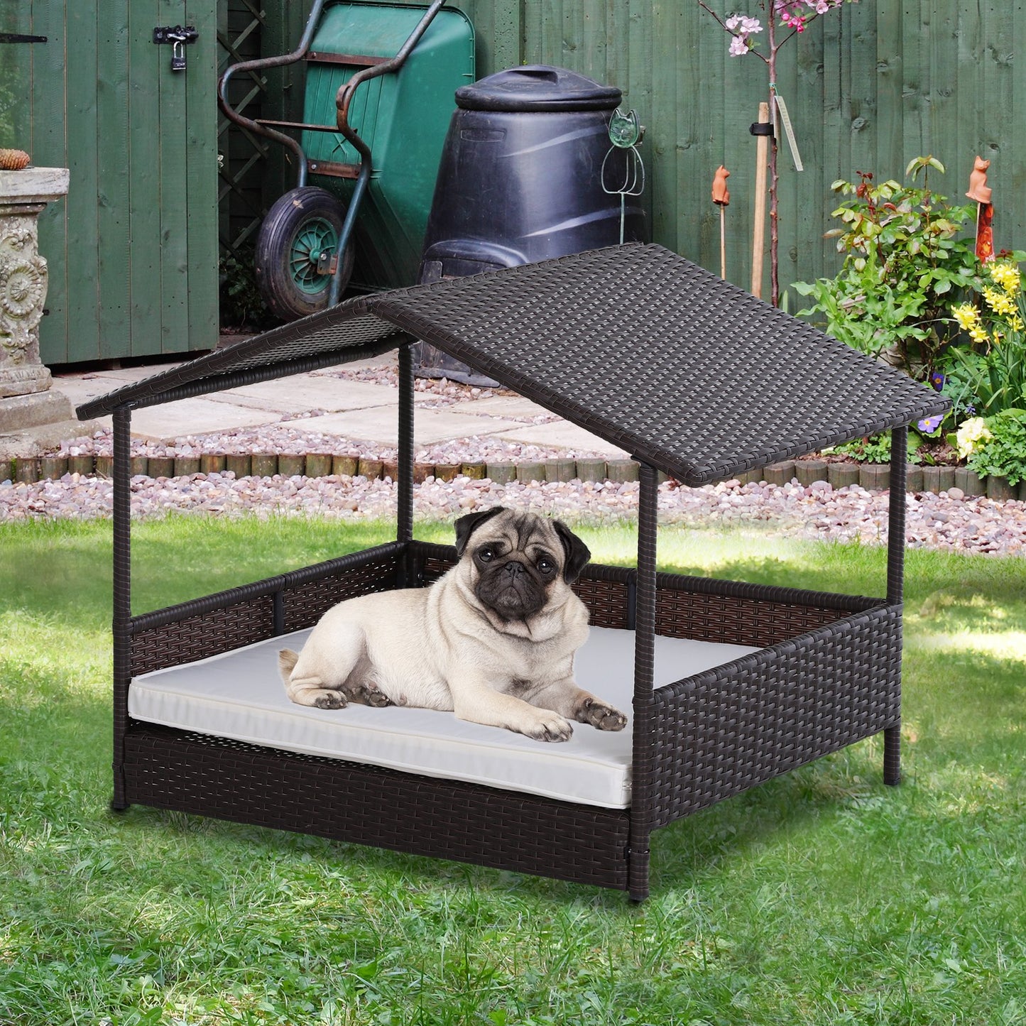 PawHut Outdoor Rattan Pet Home Indoor Wicker Dog House Sofa Bed w/ Cushion | Aosom Canada